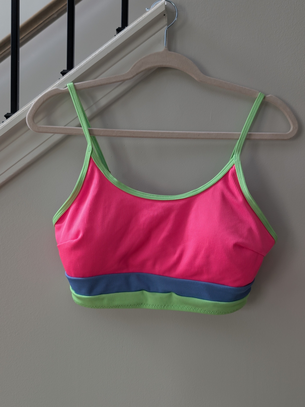 Popvil nwot ribbed neon pink bikini top with lime green and blue accents, size L